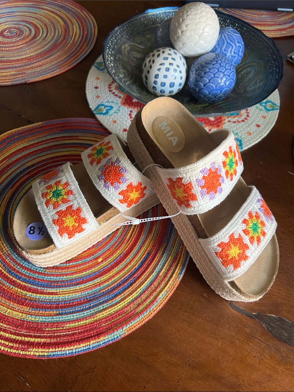 MIA White Crochet Platform Sandals with Orange, Yellow & Purple Floral Squares